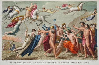 Apollon mécontent refuse de conduire ou Gli Dei Pregano Apollo Perche ritorni a guidare il carro del sole, illustration des Métamorphoses d